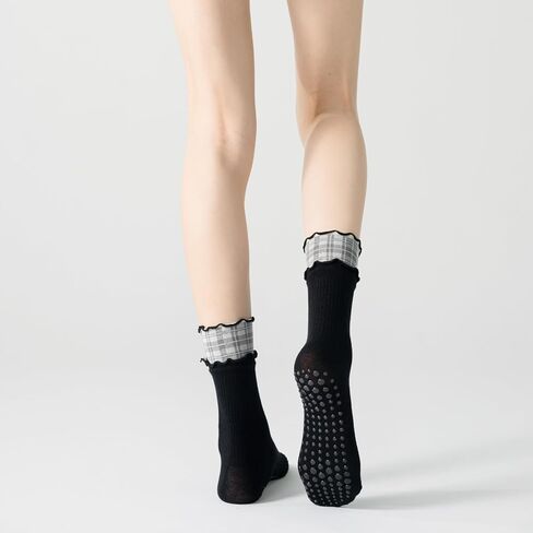 Verdancy Women’s Non Slip Grip Socks, Double Ruffled Mid Calf Crew Yoga Pilates Barre Socks with Plaid Layered Cuff in Saudi Arabia