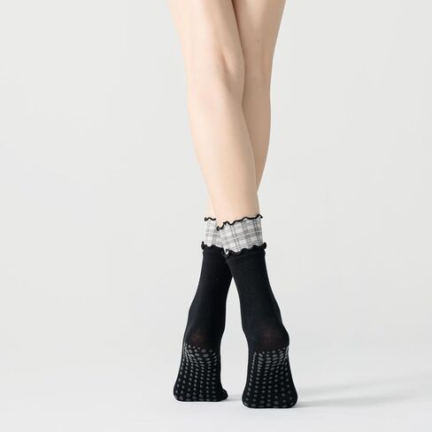 Verdancy Women’s Non Slip Grip Socks, Double Ruffled Mid Calf Crew Yoga Pilates Barre Socks with Plaid Layered Cuff in Saudi Arabia