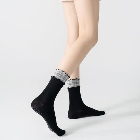 Verdancy Women’s Non Slip Grip Socks, Double Ruffled Mid Calf Crew Yoga Pilates Barre Socks with Plaid Layered Cuff in Saudi Arabia