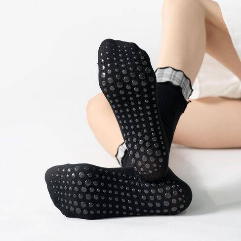 Verdancy Women’s Non Slip Grip Socks, Double Ruffled Mid Calf Crew Yoga Pilates Barre Socks with Plaid Layered Cuff in Saudi Arabia
