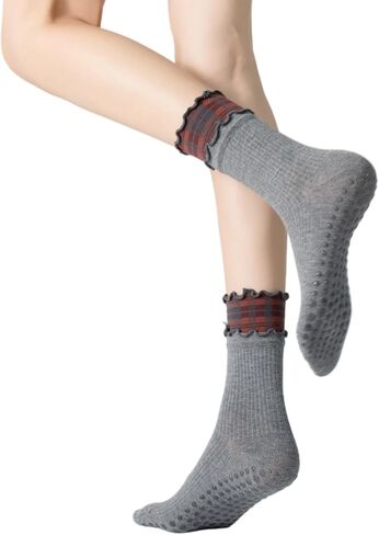 Verdancy Women’s Non Slip Grip Socks, Double Ruffled Mid Calf Crew Yoga Pilates Barre Socks with Plaid Layered Cuff in Saudi Arabia