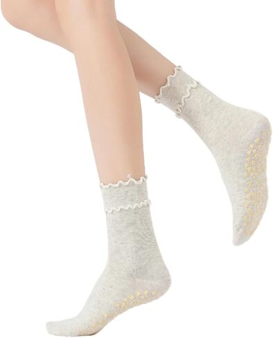 Verdancy Women’s Grip Socks Non Slip, Double Ruffled Mid Calf Crew Yoga Pilates Barre Socks with Cushioned Heart Grips in Saudi Arabia