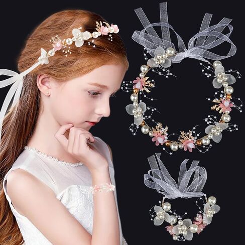 2 Pcs Flower Girl Headpiece With Bracelet Pink Pearl Flower Headband Hair Accessories For Women and Girls For Bridal Wedding in Saudi Arabia
