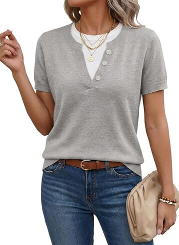 SHEWIN Womens Sweaters Short Sleeve Color Block Tops Lightweight Summer Spring Shirts Business Casual Pullovers in Saudi Arabia