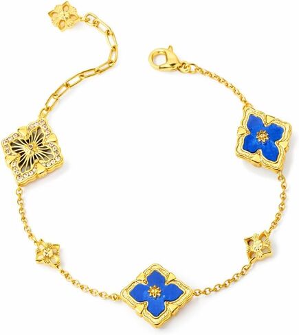 Four Leaf Clover Bracelet for Women, Adjustable 18K Gold Plated Lucky Charm, Reversible Double-Sided with Zirconia Floral Back, Enamel/MOP 5-Motif Jewelry Valentine's Day Gift in Saudi Arabia