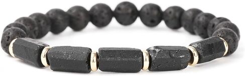 Black Tourmaline Bracelet - Handmade Natural Stone 5 pc Black Tourmaline - Lava Rock Beads w/Gold Charm - Men's and Women's Jewelry in Saudi Arabia