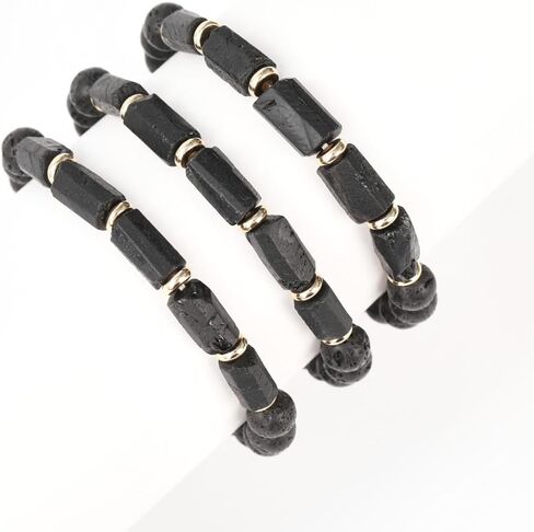 Black Tourmaline Bracelet - Handmade Natural Stone 5 pc Black Tourmaline - Lava Rock Beads w/Gold Charm - Men's and Women's Jewelry in Saudi Arabia