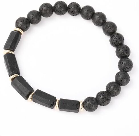 Black Tourmaline Bracelet - Handmade Natural Stone 5 pc Black Tourmaline - Lava Rock Beads w/Gold Charm - Men's and Women's Jewelry in Saudi Arabia