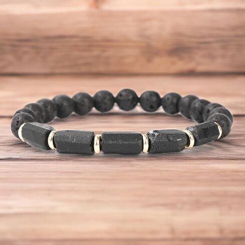Black Tourmaline Bracelet - Handmade Natural Stone 5 pc Black Tourmaline - Lava Rock Beads w/Gold Charm - Men's and Women's Jewelry in Saudi Arabia