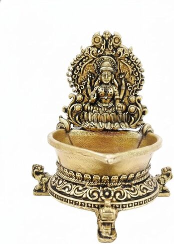 Brass Laxmi Diya Oil Lamp, Antique Gold Finish Traditional Hindu Temple Pooja and Decor, Deepak for Diwali poojan 2.8 x 2 x 3 inches Weight 90 GMS in Saudi Arabia