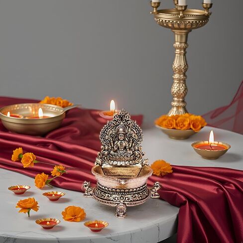 Brass Laxmi Diya Oil Lamp, Antique Gold Finish Traditional Hindu Temple Pooja and Decor, Deepak for Diwali poojan 2.8 x 2 x 3 inches Weight 90 GMS in Saudi Arabia