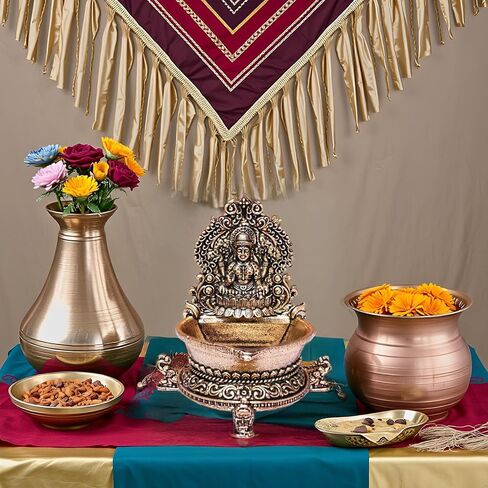 Brass Laxmi Diya Oil Lamp, Antique Gold Finish Traditional Hindu Temple Pooja and Decor, Deepak for Diwali poojan 2.8 x 2 x 3 inches Weight 90 GMS in Saudi Arabia