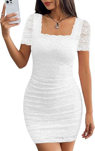 MITILLY Women's Summer Formal Wedding Guest Dress Elegant Floral Lace Short Sleeve Square Neck Ruched Bodycon Mini Dresses in Saudi Arabia