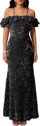 VERWIN Off Shoulder Ruffle Mermaid Evening Party Gown Bodycon Sparkly Women's Sequin Maxi Dress in Saudi Arabia