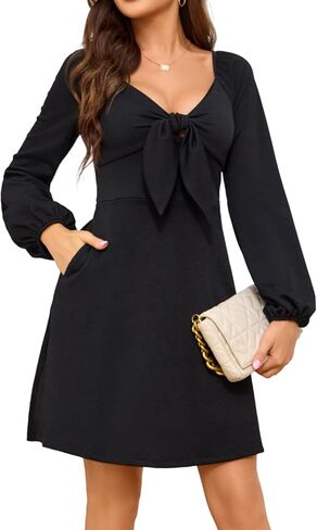 Women Long Sleeve Tie Front Mini Sexy Night Club Party Going Out Knit Dress with Pockets in Saudi Arabia