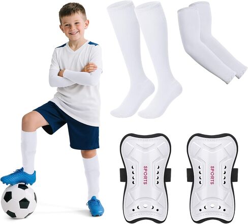 JASGOOD Soccer Socks with Shin Guards Arm Sleeves for Toddler Youth Kids Lightweight Soccer Protection Defender Gear,White in Saudi Arabia