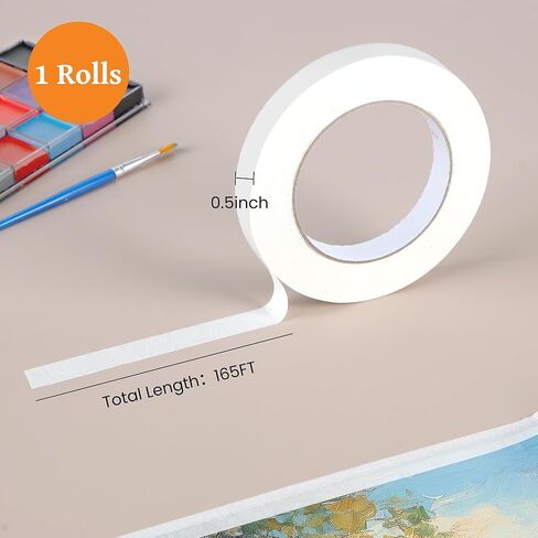 شريط فني لورق الألوان المائية - عبوة واحدة من شريط فني أبيض متوسط ​​الالتصاق، شريط لاصق مناسب للرسم بالألوان المائية، والصياغة، والإبداع الفني، والتركيب، بعرض 0.5 بوصة وطول 165 قدم (0.5 بوصة) in Kuwait
