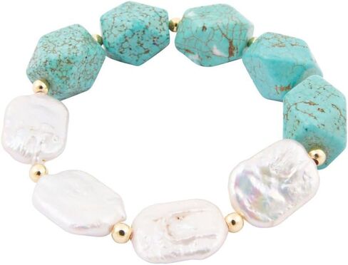 Barse Jewelry Hepburn Blue Magnesite and Pearl Golden Chunky Stretch Bracelet in Saudi Arabia