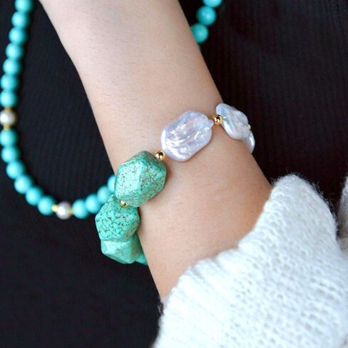 Barse Jewelry Hepburn Blue Magnesite and Pearl Golden Chunky Stretch Bracelet in Saudi Arabia