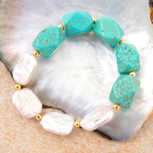 Barse Jewelry Hepburn Blue Magnesite and Pearl Golden Chunky Stretch Bracelet in Saudi Arabia