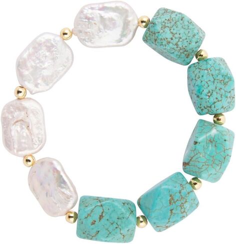 Barse Jewelry Hepburn Blue Magnesite and Pearl Golden Chunky Stretch Bracelet in Saudi Arabia