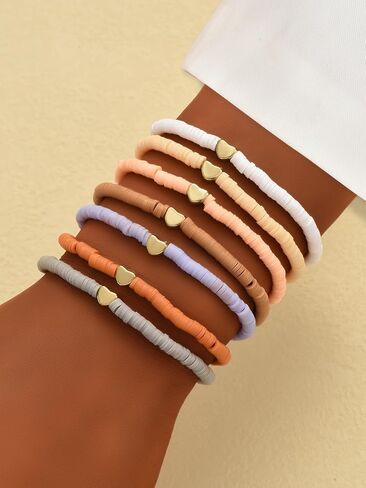 7Pcs Clay Bead Bracelets for Women, Stackable Heart Beaded Friendship Bracelets Set, Adjustable Boho Beach Stretch Bracelets, Trendy Colorful Summer Bracelets Jewelry Gift in Saudi Arabia