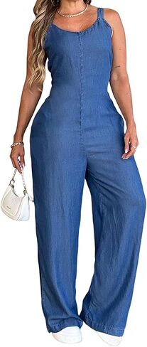 CHICME Women's Casual V Neck Elastic Waist Loose Overalls Jumpsuits One Piece Sleeveless Wide Leg Long Pant Rompers in Saudi Arabia