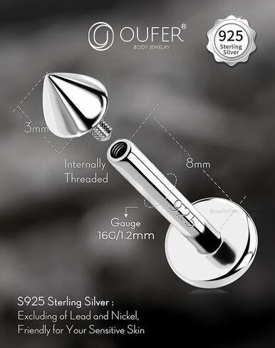 OUFER 925 Sterling Silver Cartilage Helix Earring Studs, 16G Silver Flat Back Earrings, Taper Lip Labret Rings, Monroe Medusa Industrial Piercing jewelry for Women and Men in Saudi Arabia