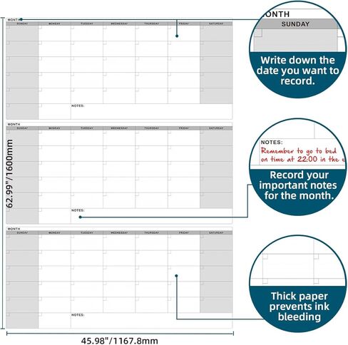 تقويم حائط قابل للمسح الجاف مقاس 46 بوصة × 63 بوصة - تقويم مخطط غير مؤرخ لمدة 3 أشهر، لوحة بيضاء قابلة للمسح وإعادة الاستخدام مع صناديق يومية كبيرة، وملاحظات، وملصقات، وتصميم رأسي للمكتب أو الفصل الدراسي أو المنزل in Kuwait