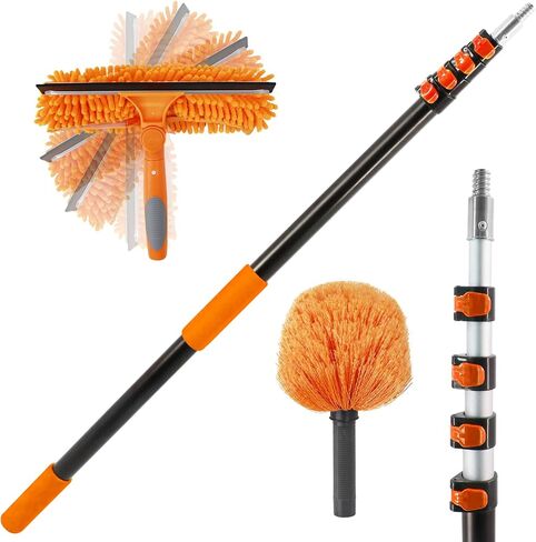 23 ft High Reach Window Squeegee & Cobweb Duster with Extension Pole, 2 in 1 Squeegee for Window Cleaning, Spider Web Brush with Lightweight 4-16.5 ft Telescoping Pole for Outdoor Indoor Car Cleaning in Saudi Arabia