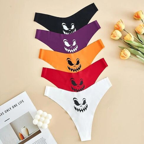 Halloween Panties 5-Pack - Women's Funny Ghost Face Thong Underwear, Cheeky Panties, Spooky Holiday Party Underwear in Saudi Arabia