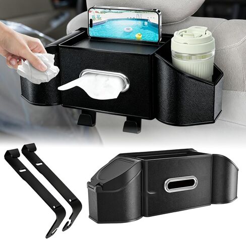 7-In-1 Multifunctional Car Seat Back Organizer with Cup Holders, Tissue Box, Garbage Can & Hooks, Headrest Storage & Cup Holder for Backseat (Black) in Saudi Arabia