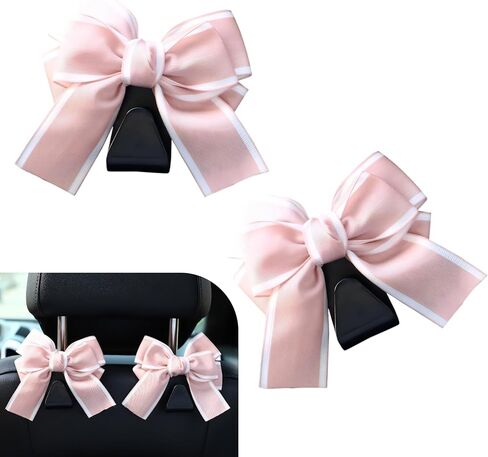 2PCS Car Seat Headrest Hooks, Cute Bow Purse Hook for Car, Vehicle Rear Seat Storage Hooks Hanger for Bag, Umbrellas, Purses, Universal Auto Interior Decorating Accessories (Satin-Pink) in Saudi Arabia
