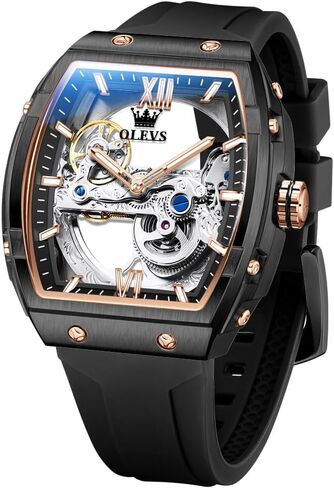 OLEVS Watch for Men Skeleton Automatic Tonneau Silicone Strap Business Luxury Waterproof Luminous Mechanical Men Wrist Watch in Saudi Arabia