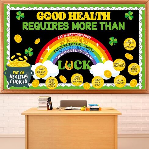 لوحة إعلانات صحية لعيد القديس باتريك، ديكورات لوحة سانت باتريك، نصيحة للحياة الصحية، نصيحة للحظ، شامروك، الفصل الدراسي، لوحة قوس قزح، عملة ذهبية، ديكور البرسيم الأيرلندي لجدار الفصل in Kuwait