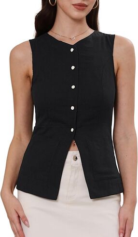 Allegra K Sleeveless Suit Vest for Women Summer Button Cotton Vest Tops Lightweight Business Work Blazer Waistcoat in Saudi Arabia