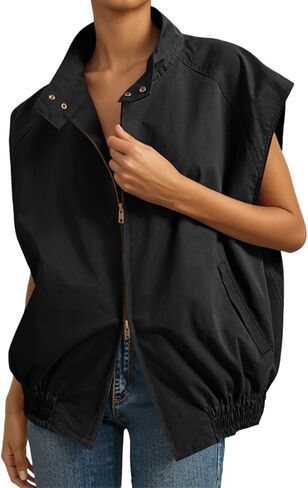 Tankaneo Womens Oversized Vest Tops Lightweight Zip Up Cap Sleeve Snap Stand Collar Military Jackets in Saudi Arabia