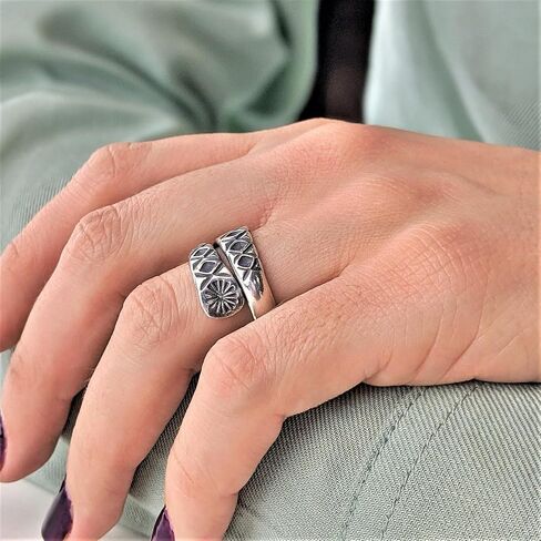 81stgeneration Karen Hill Tribe Silver Wraparound Ring With Engraved Sunburst Pattern - Tribal Motif Jewelry - Chunky Solid Silver Rings for Women - Unique Overlapping Design in Saudi Arabia