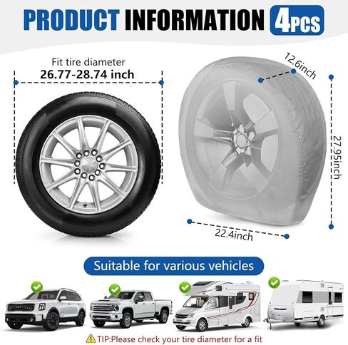 WSSROGY 4 Pack Tire Covers, Waterproof Anti-UV Tough Wheel Covers Protector for RV SUV Truck Trailer Camper, Fits Tire Diameters 26-28.75 inches, Gray in Saudi Arabia