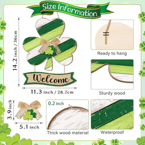 Shamrock St. Patrick's Day Welcome Door Sign Decor, Lucky Irish Wooden Hanging Sign Rustic Ornament Wood Wreath with Bow for Happy St. Patrick's Day Party Front Door Wall Home Decorations 2 Plaques in Saudi Arabia