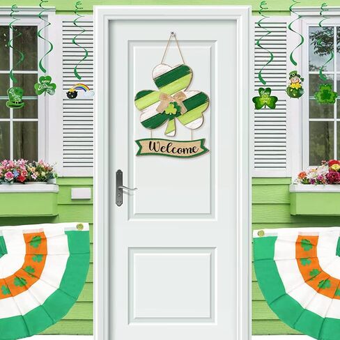 Shamrock St. Patrick's Day Welcome Door Sign Decor, Lucky Irish Wooden Hanging Sign Rustic Ornament Wood Wreath with Bow for Happy St. Patrick's Day Party Front Door Wall Home Decorations 2 Plaques in Saudi Arabia