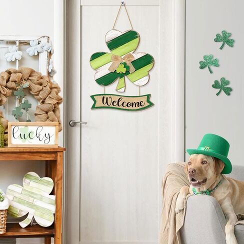 Shamrock St. Patrick's Day Welcome Door Sign Decor, Lucky Irish Wooden Hanging Sign Rustic Ornament Wood Wreath with Bow for Happy St. Patrick's Day Party Front Door Wall Home Decorations 2 Plaques in Saudi Arabia