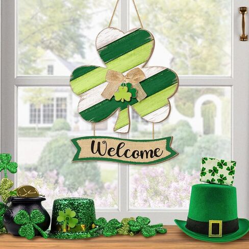Shamrock St. Patrick's Day Welcome Door Sign Decor, Lucky Irish Wooden Hanging Sign Rustic Ornament Wood Wreath with Bow for Happy St. Patrick's Day Party Front Door Wall Home Decorations 2 Plaques in Saudi Arabia