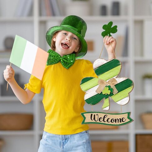 Shamrock St. Patrick's Day Welcome Door Sign Decor, Lucky Irish Wooden Hanging Sign Rustic Ornament Wood Wreath with Bow for Happy St. Patrick's Day Party Front Door Wall Home Decorations 2 Plaques in Saudi Arabia
