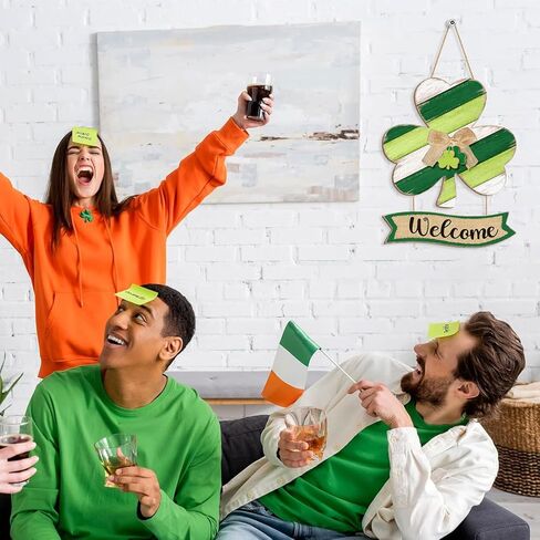 Shamrock St. Patrick's Day Welcome Door Sign Decor, Lucky Irish Wooden Hanging Sign Rustic Ornament Wood Wreath with Bow for Happy St. Patrick's Day Party Front Door Wall Home Decorations 2 Plaques in Saudi Arabia