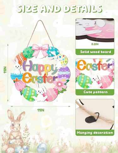 لافتة باب خشبية لعيد الفصح للباب الأمامي، إكليل بيضة أرنب عيد الفصح السعيد للتعليق، شماعة باب خشبية زنبركية لتزيين نافذة المنزل في الأماكن المغلقة والخارجية in Kuwait