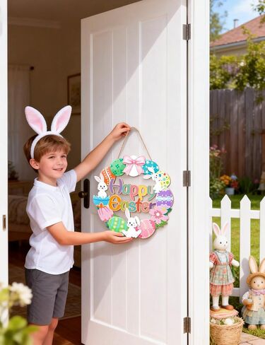 لافتة باب خشبية لعيد الفصح للباب الأمامي، إكليل بيضة أرنب عيد الفصح السعيد للتعليق، شماعة باب خشبية زنبركية لتزيين نافذة المنزل في الأماكن المغلقة والخارجية in Kuwait