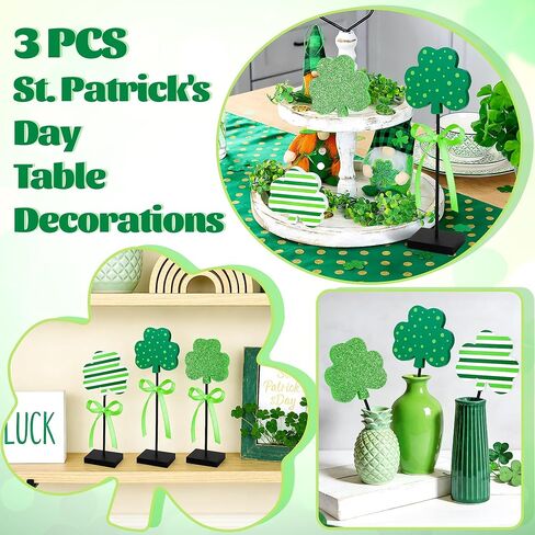 3 قطع من ديكورات عيد القديس باتريك، صينية متدرجة لعيد القديس باتريك، ديكور طاولة خشبية شامروك أيرلندي، ديكور قائم بذاته لعيد القديس باتريك، قطع مركزية باللون الأخضر البرسيم المحظوظ لحفلات المنزل in Kuwait