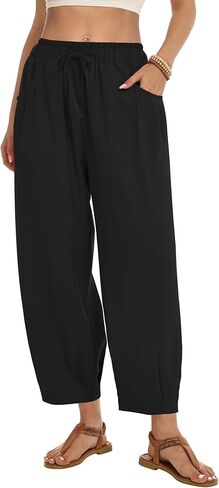 ZJCT المرأة الكتان بنطال ذو قصة أرجل واسعة الصيف عادية بالازو السراويل الرباط الكاحل طول الشاطئ الحريم بنطلون مع جيوب in Kuwait