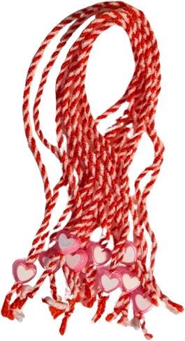Martenitsa Day Bracelet. Bulgarian Bracelet. Red White Yarn Martenitsi with 1 Pink Heart Bead Each. Happy Baba Marta Gift. Martisor. Tradition in Bulgaria. Tradition in Romania. Set of 10 in Saudi Arabia